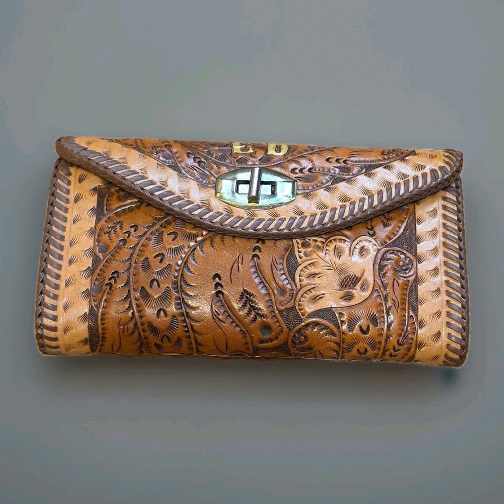 Vintage Hand Tooled Leather Clutch Purse Floral Western Boho Laced Brown Twist